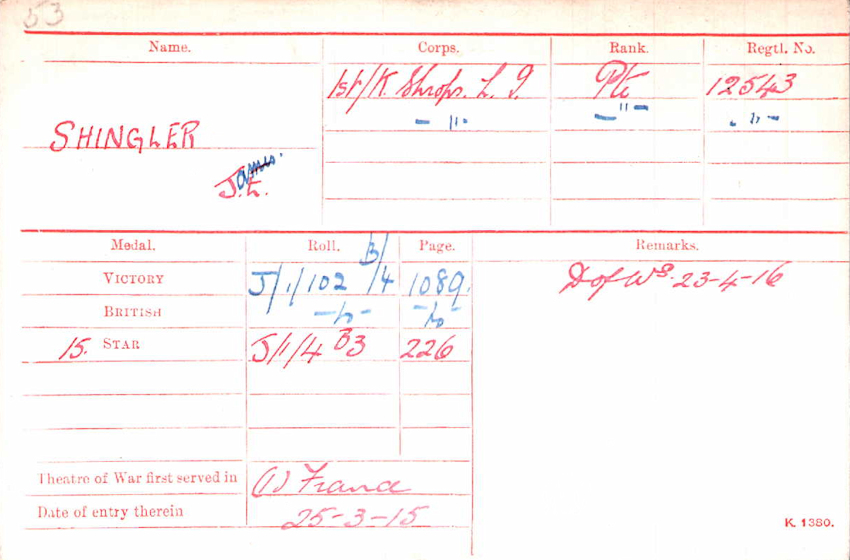 WWI Medal Rolls Index Card